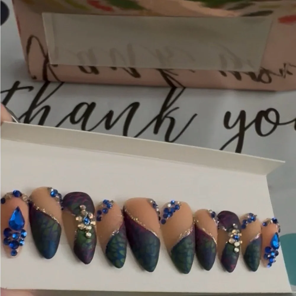 NWT Custom Size L Gorgeous Handmade Peacock Feather Design Press-On Nails Set - Picture 6 of 8